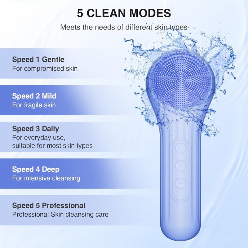 ERROWIN 5 Modes Silicone Face Scrubber, Waterproof Face Scrubber Exfoliator for Men & Women, Rechargeable Electric Facial Cleansing Brush for Deep Cleansing, Exfoliating, Massage (Blue) - Image 2